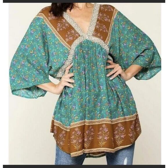 NWT GiGio Women's Medium Tunic Bohemian Top Tassels Crochet Boho Teal Rust - Picture 1 of 10